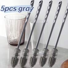 5 piezas Cepillo de botellas de silicona de mango largo - Material de goma, cerdas suaves, limpieza profunda, apto para botellas de agua, tazas de café, biberones - Herramienta de limpieza duradera y sin rayones para la cocina, el baño, la sala de estar, el dormitorio y el exterior