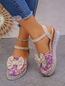 New Beige Bow Women's Shoes For Spring And Autumn 2025, Fashionable And Casual. Purple Printed Mesh, Comfortable And Breathable. Woven Hemp Rope Spliced Wedge Heel, Thick-Soled One-Button Shoes