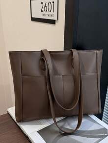 Minimalist Versatile Large Capacity Shoulder Bag, Casual Shopping Tote - Chocolate Brown - View 2