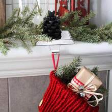 4PCS Stocking Holders Set Include Black Metal Stocking Hangers Wooden Ornaments Weighted Non - Slip Hanging Hooks Fireplace Mantel Decor