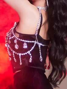 Sequin Bow Tie Camisole Top With Tassels And Body Chain, Ideal For Parties, A Dazzling Blouse - Multicolor - View 4