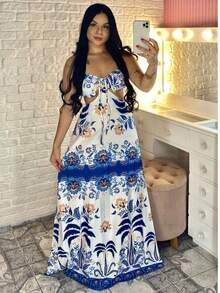 Long Printed Dress With Padded Summer 4 Ways To Wear It - 花藍色 - 查看 2