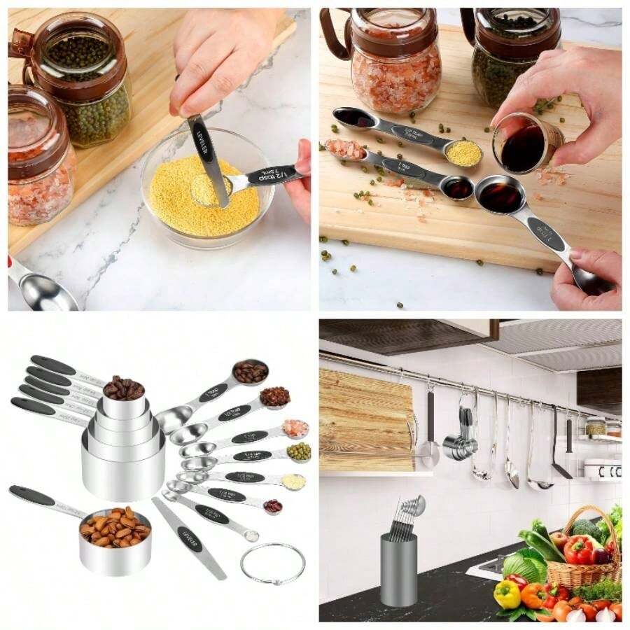 Measuring Cups and Spoons Set, 13 - Piece Stainless Steel Measuring Cup and Magnetic Measuring Spoon Set, Stackable Kitchen Tools and Used Dry Ingredients Black - Acero Inoxidable - Ver 1