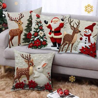4pcs/1pc Cute Christmas Pillow Covers - Cartoon Santa Claus, Snowman, Reindeer, Christmas Tree Design, Soft Plush Pillow Covers, Sofa Linen Throw Pillow Cases, Headboard Cushion Covers, Suitable For Home Living Room Bedroom Sofa, Home Room Decor, Christmas Decoration, Holiday Christmas Gift (Pillow Insert Not Included)