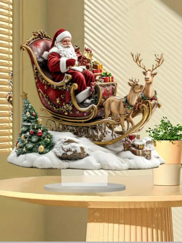 Santa Claus & Reindeer Sleigh 2D Acrylic Flat Decor - Best Christmas Desktop Decoration, Suitable For Home, Office And Cafe