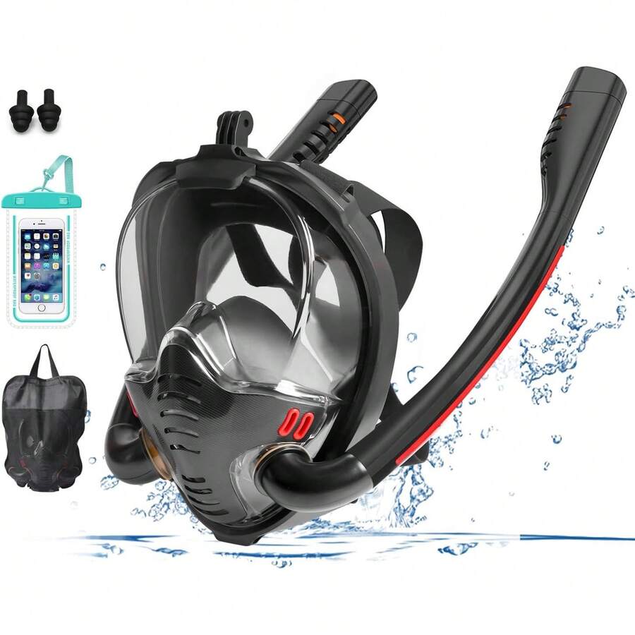 Máscara de Esnórquel Doble de Cara Completa para Niños/Adultos,Visión 180 °   Panorámica, Máscara Anti-Fugas Respiración Libre, Antifugas y Antiniebla Juego de Esnórquel Seco - Negro - Ver 1