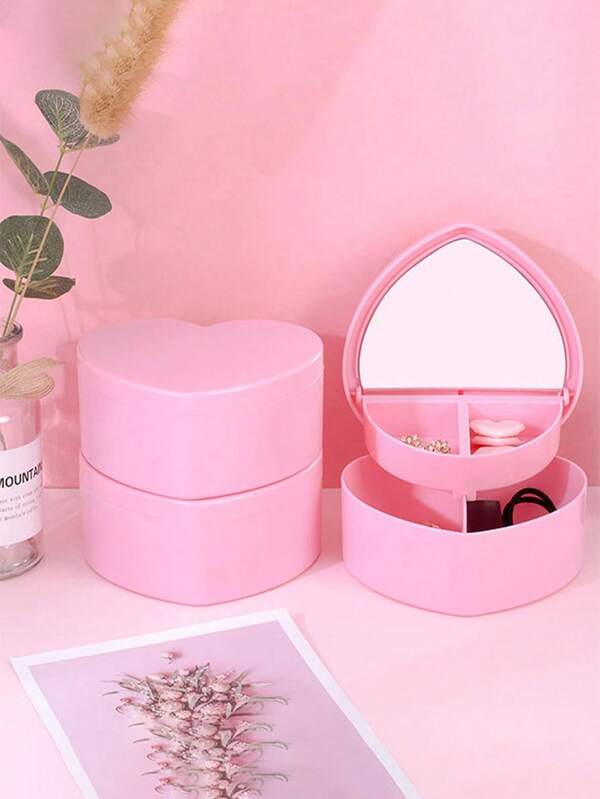 Caixa de plástico dupla camada para guardar joias em formato de coração com espelho de maquiagem em formato de coração, caixa para exibição de joias, caixa para colar com pingente, pode acomodar brincos, anéis, pulseiras e faixas de cabelo