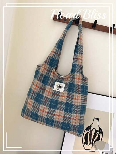 Plaid Wool Tote Bag, Large Capacity, Ins College Style, Student/Commute Shoulder Bag For Women