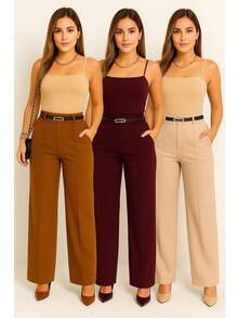 Kit 3 Tailored Pantaloon Trousers With Belt - 焦糖色 / 酒紅色 / 米色 - 查看 2