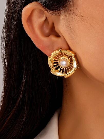 1 par de pendientes de metal con diseño floral hueco y perla incrustada, joyería elegante para mujer, adecuado para uso diario, festivales, fiestas y banquetes