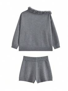 2 件套：宽松毛领肩部毛衣和直筒针织短裤，休闲，灰色，冬季 - 灰色 - 查看 5