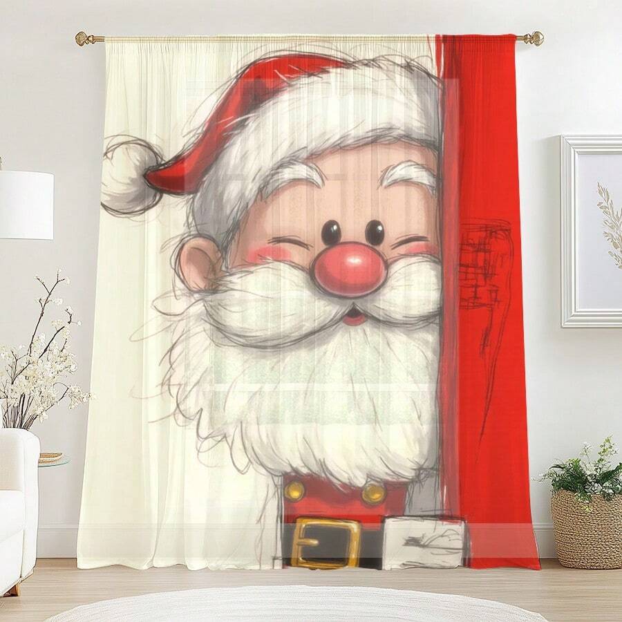1 perdea decorativă cu model de desene animate Moș Crăciun, realizată din material de tifon, potrivită pentru decorarea ferestrelor în dormitoare, camere pentru copii, camere cu tematică de Crăciun etc., potrivită pentru stiluri de casă pline de atmosferă de Crăciun, cum ar fi stilul de sărbătoare pentru copii, stil cald și drăguț, perdele montate pe stâlp, ușor de instalat