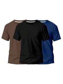 KIT 3 Basic Plain Men's T-Shirts 100% Cotton 30.1 - 棕色+黑色+海軍藍 - 查看 2