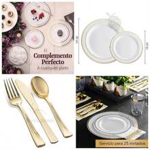 Vajilla Elegante Reutilizable Color Oro 125 piezas: 50 platos con orilla dorada, 25 cucharas doradas, 25 tenedores dorados, 25 cuchillos dorados, para 25 invitados - Blanco con Oro - Ver 1