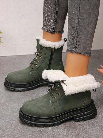 女士系带羊皮保暖内衬复古厚底厚底登山靴，保暖，侧拉链，秋冬必备，送礼，日常，度假，派对，舒适，时尚，适合连衣裙
