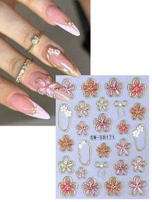2 PCS Pink Flower Petal 3D Nail Stickers Elegant Flower Gold Edge Line Geometry Designs Nail Art Decals For Acrylic Nails DIY Spring Self-Adhesive Manicure Decoration Supplies - Multicolor 2 - 查看 5