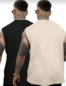 Kit 2 Plain Tank Tops Summer Beach Fashion Cotton Macho Shirt - Beige/Black - View 2