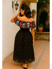 set 2pz Xantolo maxi falda y blusa con estampado - Rojo y negro - Ver 2