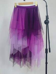 Chân váy lưới voan bất đối xứng ombre, chân váy midi bồng bềnh xuân/hè mới, chân váy phong cách tiên nữ - Chuyển màu tím - Xem 4