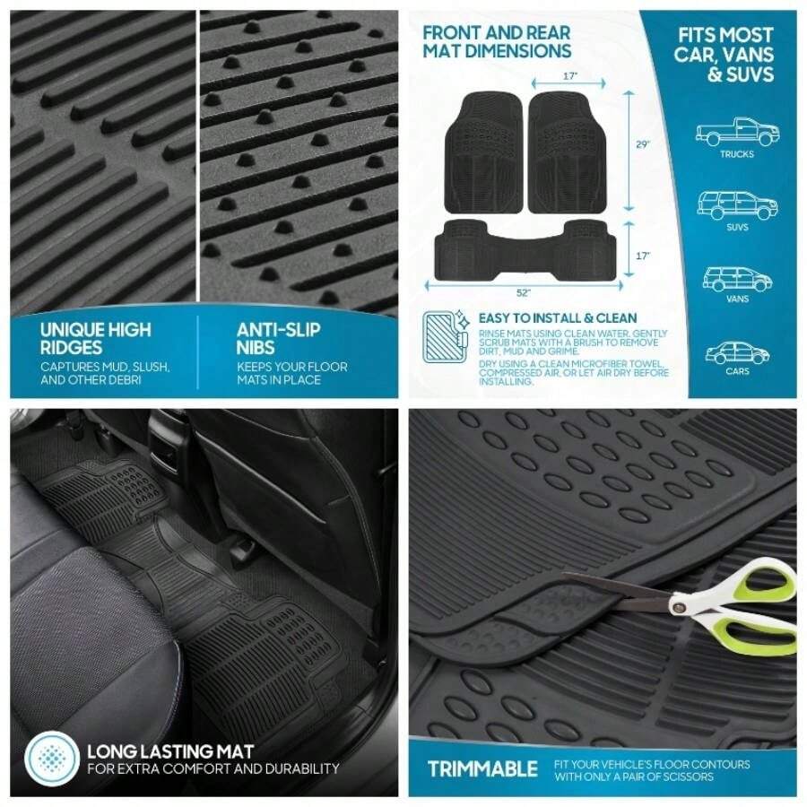 ProLiner - Tapetes de Goma Resistentes Delanteros y Traseros para Coche, SUV, Furgoneta, camin, Color Negro, 3 Piezas, proteccin para Todo Tipo de Clima con diseo de Ajuste Universal - Negro - - Ver 1