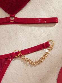 2pcs Valentine's Day Gift Set Women's Sexy Lingerie Set, Adjustable Straps, Double Hook Closure, Metal Chain Connection, Velvet Heart-Shaped Bra And Belt, Metal Chain Connection Thong, Solid Color Comfortable Sexy Intimate Apparel Set, 3pcs Bikini Set - Burgundy - View 6