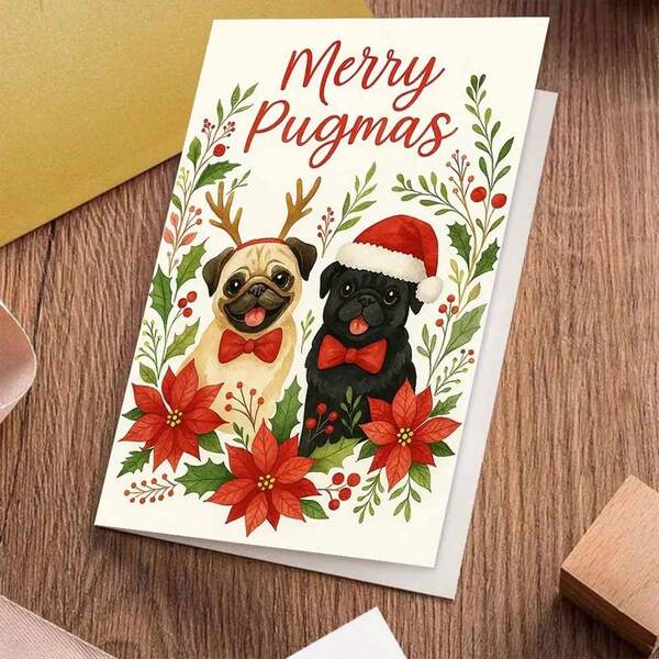 1pc "Pug - Themed Merry Pugmas" Greeting Card With Envelope - Charming Holiday Card For Pals, Christmas Spirit, Showing Warmth To Her/Him, Pal Christmas Gifts