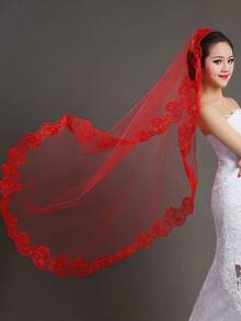1件1.5米经典红色新娘婚纱单层头纱，简约半透明白色蕾丝情人节配饰 - A - 查看 6