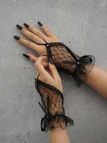 Party 1pair Women Rhinestone & Bow Decor Fashionable Fingerless Gloves For Daily Life Halloween Valentine's Day ValentinesValentine's Day Gift For Her - màu đen - Xem 6