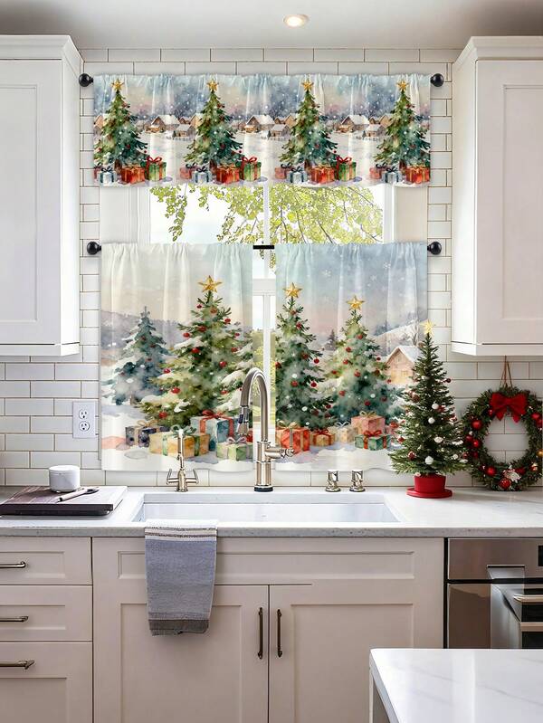 1 pieza Cortina decorativa de ventana de cocina con atmósfera de muñeco de nieve, reno y árbol de Navidad, cortina translúcida pero no transparente, adecuada para sala de estar, dormitorio, entrada, cocina, reducción de ruido, cortina de decoración navideña (peso de tela 120g)