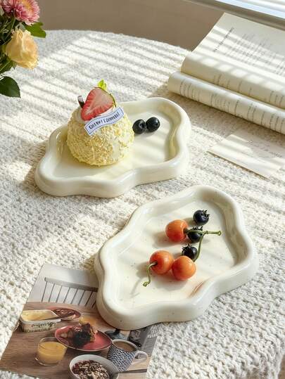 1pc Creative Asymmetrical Resin Cake Plate, Minimalist Cloud Shaped Dessert Plate, Cute White Serving Tray