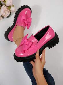 Geeyea A Pair Of Women's Loafers, Shiny Pink Women's Loafers, Big Bow Thick Sole Design, Sweet And Cool College Style, Fashionable And Eye-Catching Shoes For Daily Outings And Campus Commuting - Hồng - Xem 4