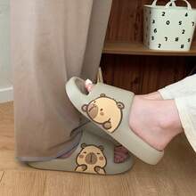 Kapcie dla pary XIXITIAO z motywem kapibary, miękkie, płaskie, codzienne kapcie, urocze kapcie EVA na wiosnę/lato, klasyczne, płaskie kapcie w jednolitym kolorze z modnym wzorem kapibary, odpowiednie do użytku na zewnątrz/na plaży/w domu - Pustynny brąz - Zobacz 6