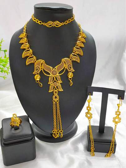 4pcs Gold-Plated Floral Pendant Tassel Long Necklace Jewelry Set (Necklace, Earrings, Bracelet, Ring) - Suitable For European, Middle Eastern, Dubai, African Brides, Weddings, Parties, Dates, Halloween, Christmas, Birthdays, Mother's Day, Graduations, Holidays