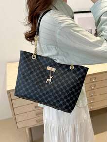 Large Capacity Handbag For Women, New Fashion Vintage Chain Shoulder Tote Bag, Printed Casual Travel Bags