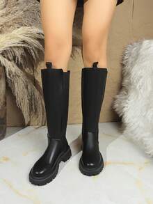 2025 New Uniform Boots For Women, Round Toe Thick Heel Mid-Calf Boots With Rear Zipper, Waterproof Platform Design, Suitable For All Seasons, Black Knee-High Boots For Daily Outdoor Commute, Fashionable Women's Long Boots, Elongating Legs