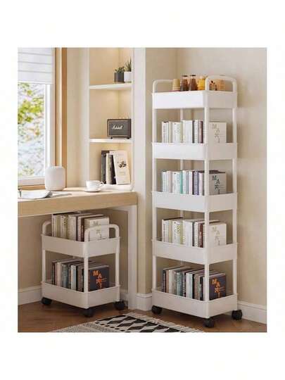 3-Tier Rolling Storage Cart, White, Plastic, Multi-Purpose, Mobile, Freestanding, Rack With Wheels, Suitable For Kitchen, Bedroom, Living Room, Books, Supplies And Decor, Vertical Shelf