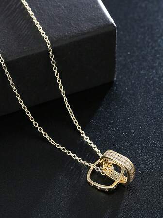 1pc Fashionable Geometric Square Micro-Inlaid Zirconia Pendant Necklace, Luxury Niche Design, Suitable For Women To Wear At Weddings And Festivals