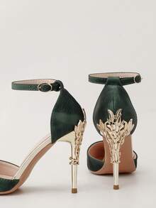 Fashionable Metallic Floral Stiletto High Heel Pointed Toe One-Strap Sandals, Sexy & Luxurious Women Dress Shoes