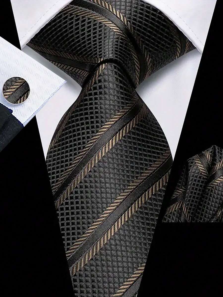 Men's Tie Set, Classic & Fashionable Tie Set Includes Cufflinks, Business & Party - Black - View 1