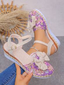 New Beige Bow Women's Shoes For Spring And Autumn 2025, Fashionable And Casual. Purple Printed Mesh, Comfortable And Breathable. Woven Hemp Rope Spliced Wedge Heel, Thick-Soled One-Button Shoes
