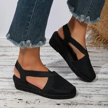 Breathable, Lightweight And Fashionable Rope Wedge Sandals With Closed Toe And Heel Design - All Black - View 7