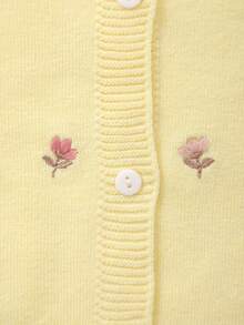 Girls' Knitted Round Neck Handmade Floral Embroidery Cardigan - Yellow - View 3