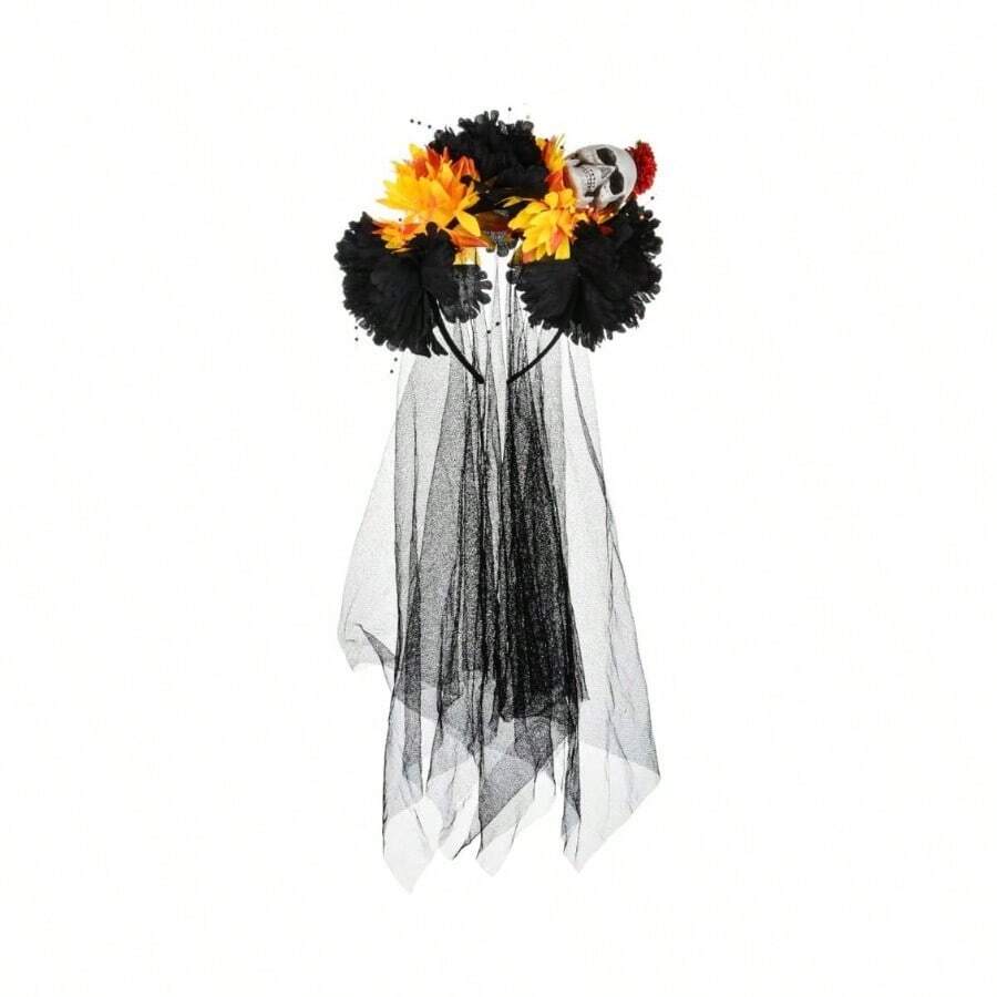 Women's Dia De Los Muertos Flower Costume Headpiece Halloween Day Of Dead Costume Headband - Skull Đen và Cam + kích thước miễn phí - Xem 1