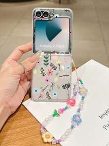 1 pezzo di custodia pieghevole per telefono in materiale PC opaco con elementi decorativi floreali carini, abbinata a un braccialetto dello stesso colore, in grado di proteggere e prevenire la caduta: compatibile con Samsung Galaxy Z Flip 3/Z Flip 4/Z Flip 5/Z Flip 6/Z , OPPO Find N3 Flip, Razr 50 Ultra, Razr 60 Ultra, Razr 60, Razr 50, MIX Flip, Galaxy Z Flip7 FE