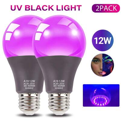 LED黑光灯泡，12瓦（相当于100瓦白炽灯），A19紫外线黑光灯泡，UVA波长385-400纳米，E26中号灯头，适用于黑光派对、荧光海报、霓虹发光，2个装