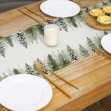 1 pieza Camino de mesa navideño con árbol verde fresco, decoración navideña de invierno del bosque de pinos para la cocina y el comedor del hogar, decoración para fiestas, tamaño: 13x35/13x47/13x72/13x90/13x108 pulgadas
