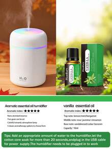 Miniaturowy, kolorowy nawilżacz powietrza do samochodu, pojemność 300 ml, zasilanie USB, czarno-biały i różowy (3 kolory do wyboru), z funkcją zimnej mgły i nastrojowym oświetleniem, 5 rodzajów aromatycznych olejków eterycznych do wyboru. Spray aromaterapeutyczny nadaje się do samochodów, sypialni, salonów, biurek, małych nawilżaczy samochodowych, dekoracji sypialni i prezentów tworzących atmosferę. Służy do codziennego nawilżania powietrza, uzupełniania wody i osuszania. Wymaga podłączenia do prądu.