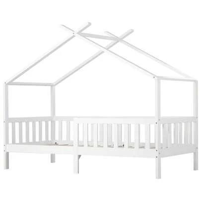 Beautiful House Bed, Children's Bed Made Of Solid Wood With A Fence And Slatted Frame, For Children's And Teenagers' Rooms With Safety Rails, White (200x90 Cm)
