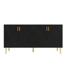 Schwarzes Sideboard (152 x 40 x 75 cm) mit einzigartigem Wellendesign und goldenen Griffen und Füßen, das einen eleganten Essbereich schafft
