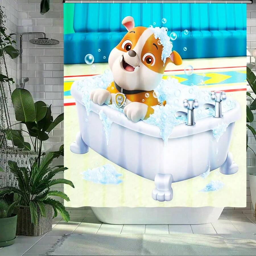 1pc  Bubble Bath Bulldog Shower Curtain - Durable Polyester, Playful Cartoon Bulldog Bubble Bath Design, Washable Bathroom Decor, Bathtub & Bubbles Theme, Perfect For Kids' Bathrooms, Bathroom Decor And Accessories